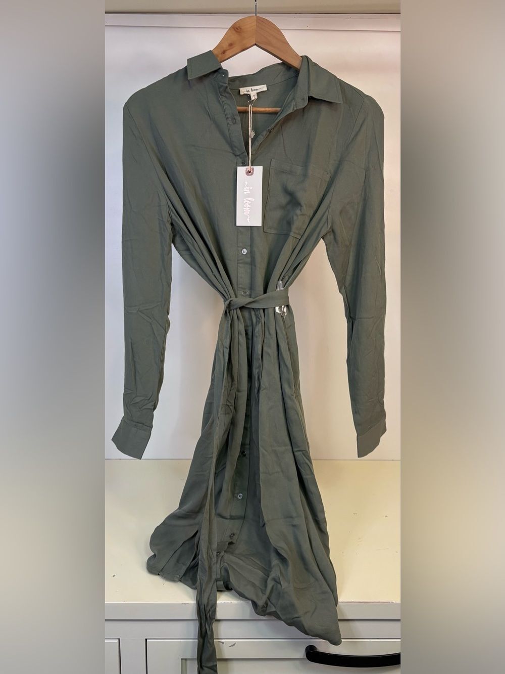 NWT In Loom Olive Green Long Sleeve Button Shirt Dress with Waist Tie sz Small